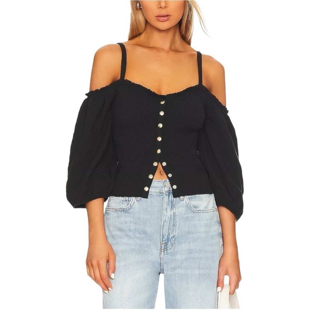NEW Nation LTD Ily Smocked Romantic Top in jet black‎ pima cotton $216